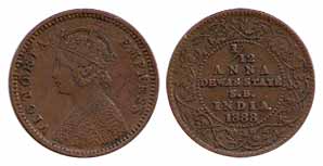Victoria Empress, Copper, 1/12 Anna, 1888. About Very Fine, Scarce.