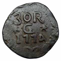 Goa, Copper, 30 Reis - ½ Tanga, 1774 (KM 135). Very Fine for the type, Very Rare.