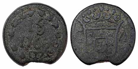 Goa, Tin, 15 Bazarucos, 1769, crown and G / A on obv, denomination and year on rev (KM 138