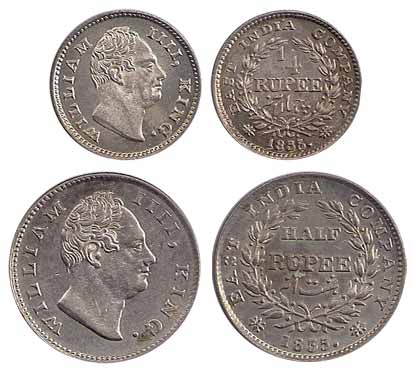 William IV, Silver (2), ½ and ¼ Rupee, 1835. About UNC, Rare. 2 coins