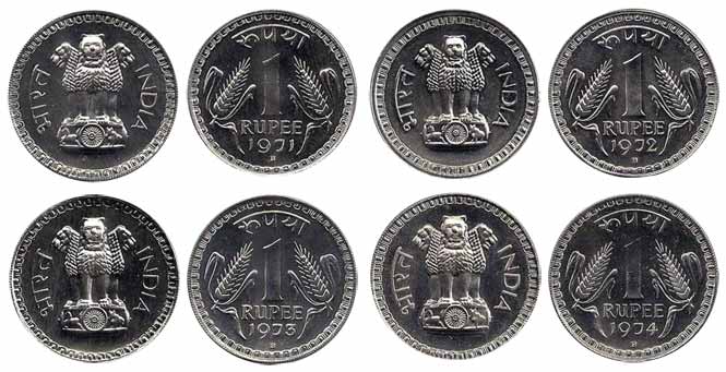 Proof 1 Rupee, Nickel (4), 1971, 1972, 1973 and 1974, Bombay Mint. Proof, Very Rare. 4 coi