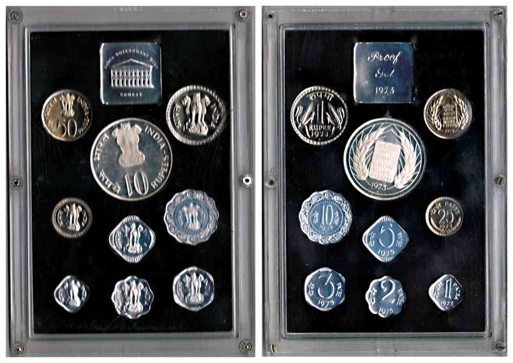 1973 Proof Set of Grow More Food, Set of 9 Coins, Bombay Mint (Rajgor RB# 36). Rare.