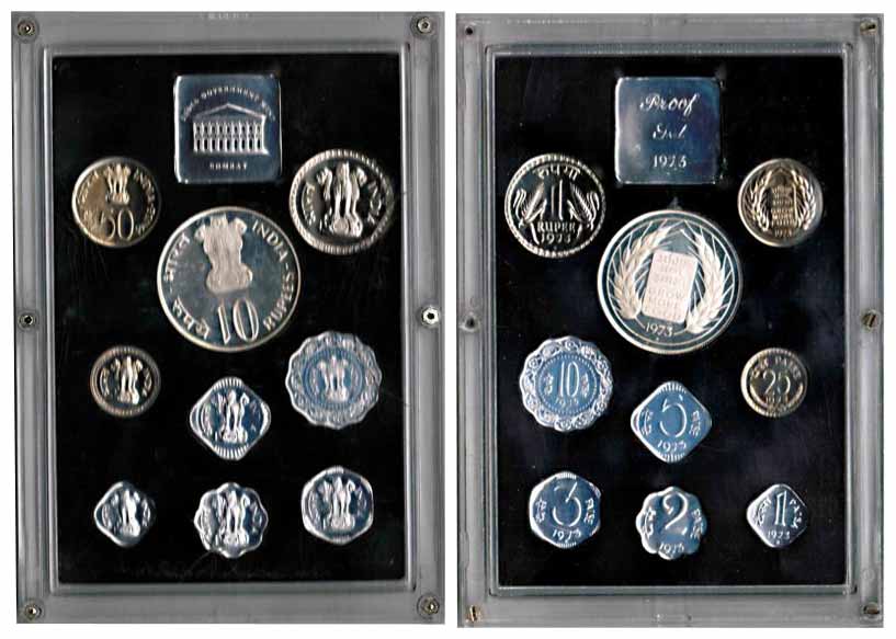 1973 Proof Set of Grow More Food, Set of 9 Coins, Bombay Mint (Rajgor RB# 36). Rare.