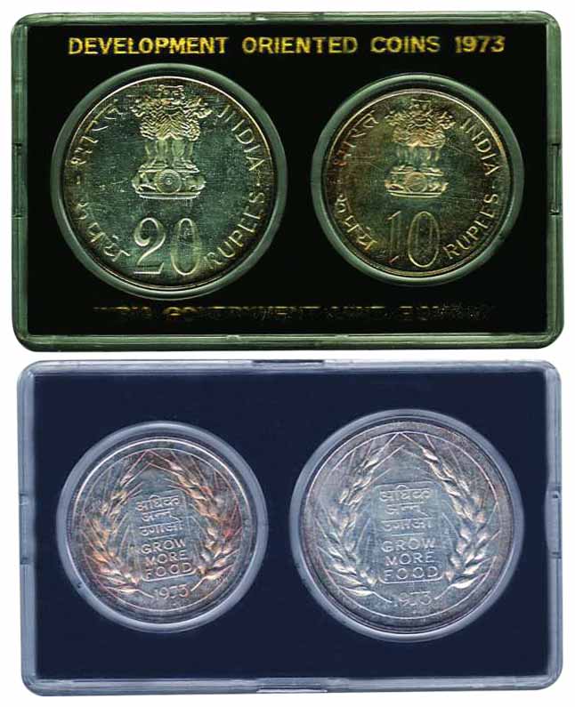 1973 Proof Set of Grow More Food, Set of 2 Coins, Rs. 20 & 10, Bombay Mint (Rajgor RB# 37)