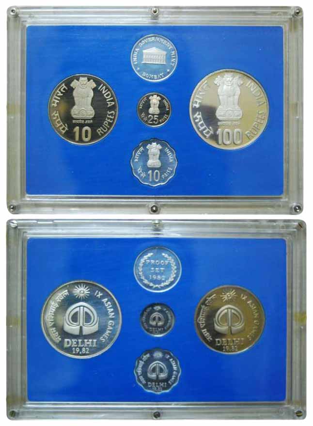 1982 Proof Set of IXth Asian Games, New Delhi, Set of 4 coins: Rs. 100 & 10, Paise 25 & 10