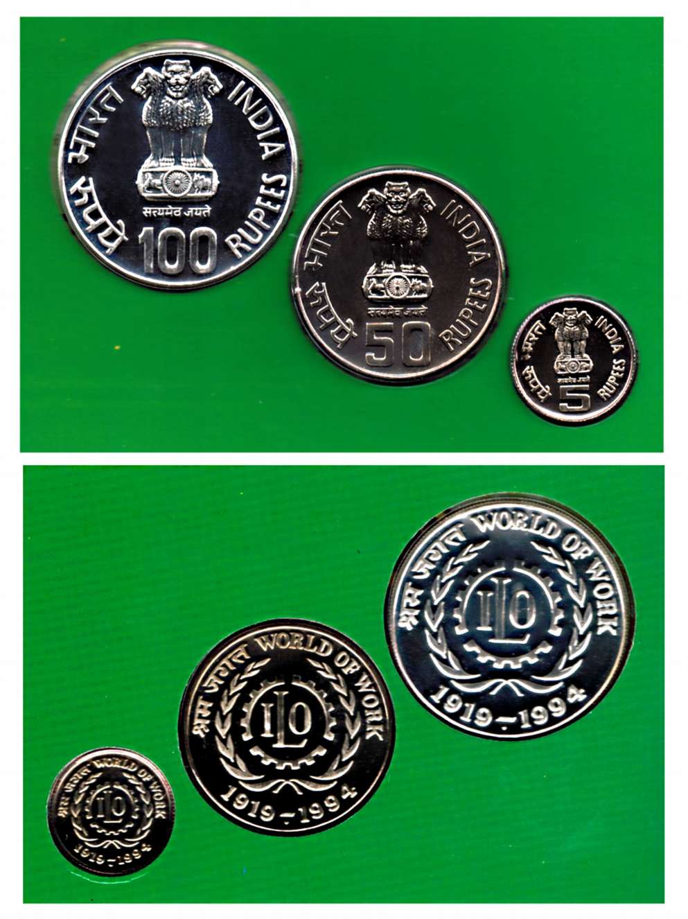 1994 UNC Sets (2) of World of Work, Mumbai Mint, Set of 3 coins: Rs. 100, 50 & 5 (Rajgor R