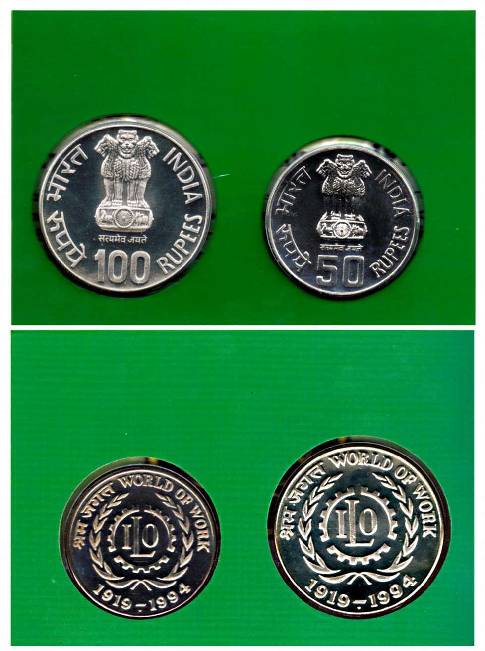 1994 UNC Set of World of Work, Mumbai Mint, Set of 2 coins: Rs. 100 & 50 (Rajgor RB# 176).
