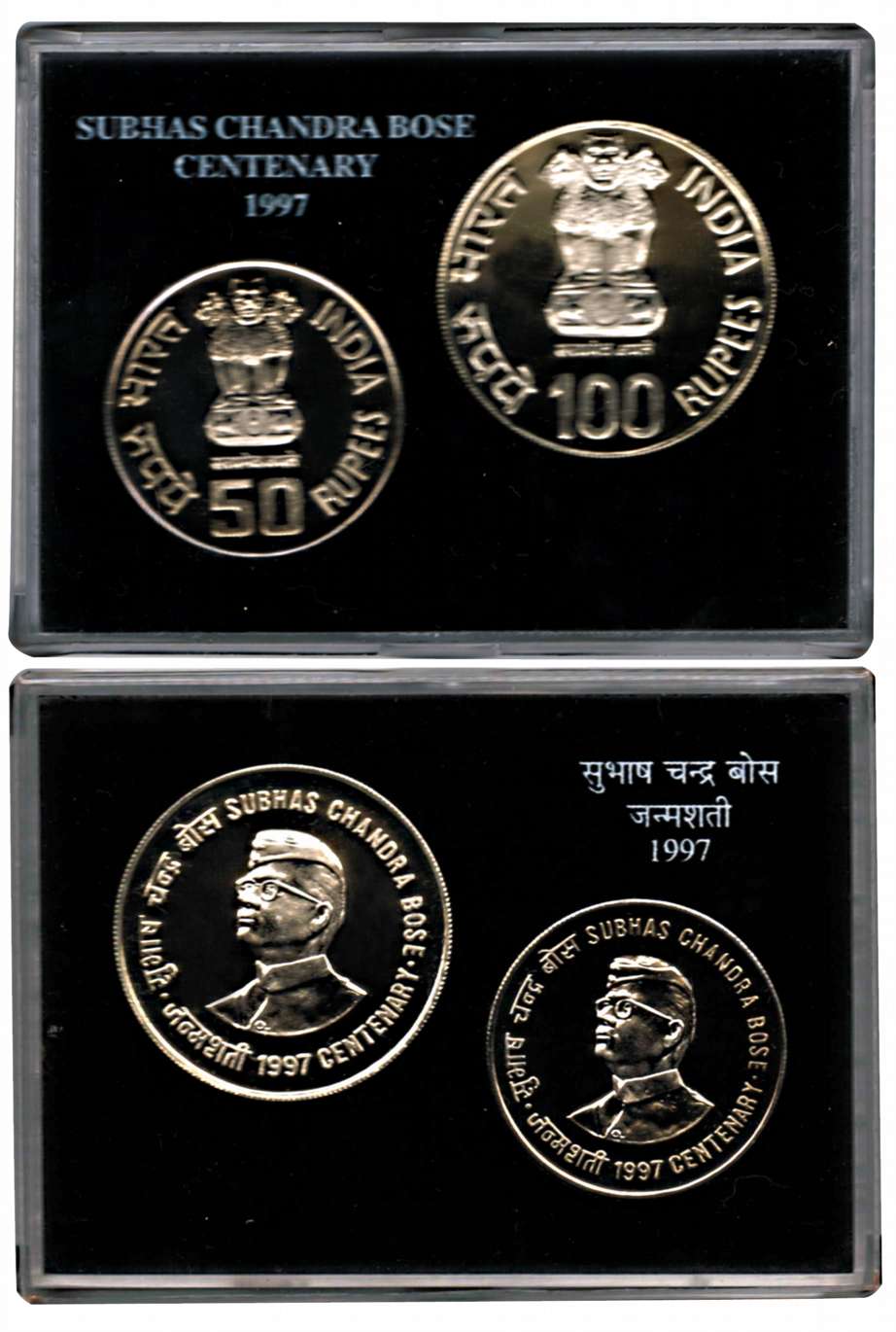1997 UNC Set of Subhas Chandra Bose Centenary, Calcutta Mint, Set of 2 coins: Rs. 100 & 50