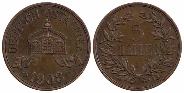 German East Africa, Copper, 5 Heller 1908 J. Very Fine+, Scarce.