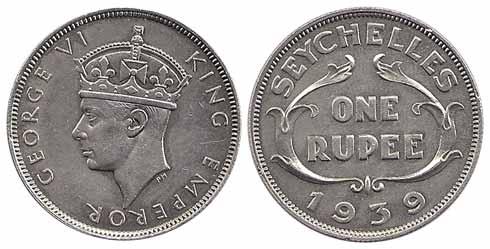 Seychelles, George VI, Silver, 1 Rupee, 1939. About UNC, Scarce.