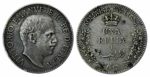 Somalia-Italia, Silver, Rupee, 1913R. Very Fine, Scarce.
