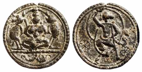 Gajalakshmi Token, late 19th century, seated Lakshmi anointed by elephants on either side 