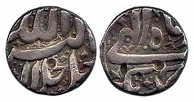 Akbar, Silver, Rupee, Ahmadnagar Mint, Allahu Akbar type, Ilahi 45, Farwardi Month (KM 93.