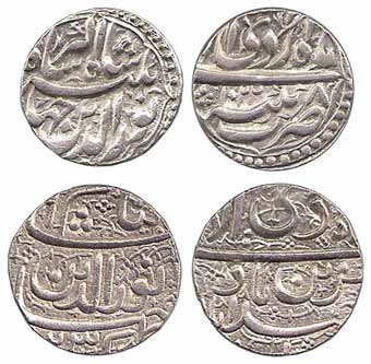 Jahangir, Silver (2), Rupee, Ahmedabad Mint, Muzaiyan couplet; Patna Mint, nur ud din type