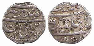 Aurangzeb, Silver, ½ Rupee, Khambayat Mint, AH 1093/2x, mint name at bottom on rev (KM 294