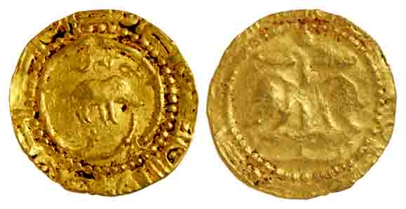Alupas (AD 750-800), Gold, 4.75 g, Boar Gadyana (Pagoda), a boar standing to right with th