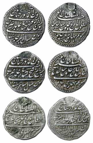 Tipu Sultan, Silver (3), ½ Rupee, Patan Mint, AH 1216/6, 1219/9 and 1221/11. Loop removed 