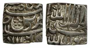 Akbar, Silver, Square Rupee, Bangala Mint, couplet type, AH 1010 (KM 86.1). About Very Fin