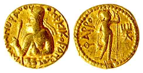 Kushanas, Huvishka, Gold,7.80. Dinar, Pharo – the Fire God type, bust of the king to left,