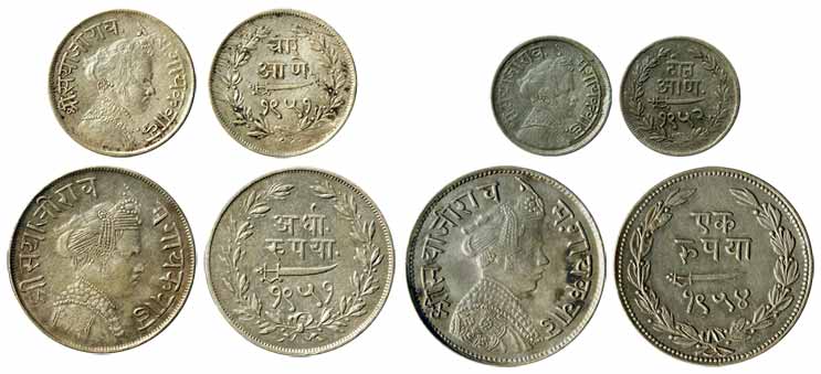 Sayaji Rao III, Silver (4), Set of 4: Rupee, ½ Rupee, 4 &amp; 2 Annas, VS 1954, 1951, 1951