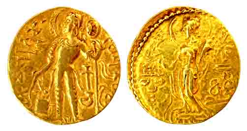 Guptas, Kachagupta, Gold, 7.60 g, Dinar, Standard type, king standing with a Standard with