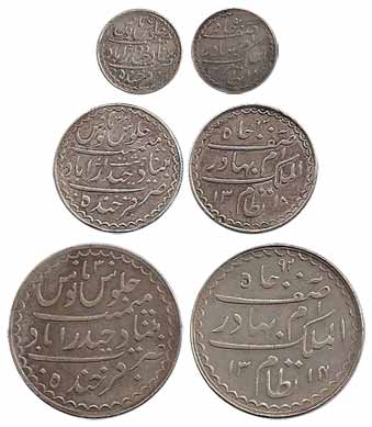 Mir Mahbub Ali Khan II, Silver (3), Charkhi Rupee, AH 1314, ¼ Rupee, 1310, and 1/8 Rupee, 
