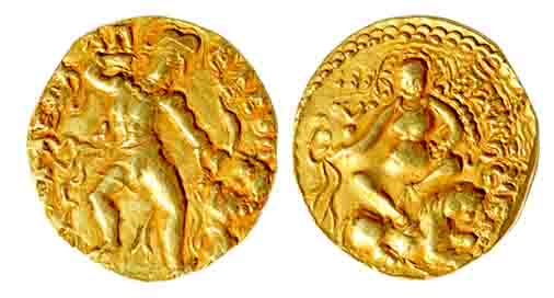 Guptas, Kumaragupta I, Gold,8.10. Dinar, Lion-Slayer type, king slaying a lion with a bow 