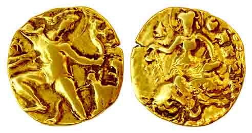 Guptas, Kumaragupta I, Gold, 8.04 g, Dinar, Lion-Slayer type, king slaying a lion with a b