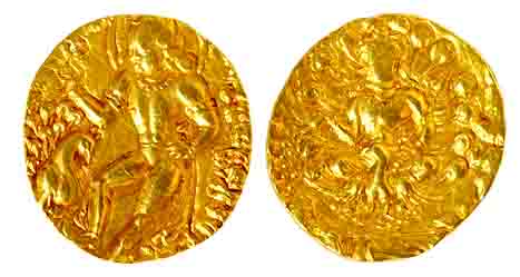 Guptas, Kumaragupta I, Gold, 8.11 g, Dinar, Peacock type, king standing left feeding a pea