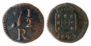 Goa, Maria II, Copper, 7-½ Reis, 1845 (KM 260). Very Fine+, Scarce.