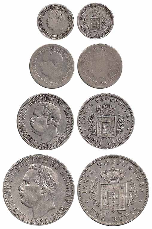 Goa, Ludwig, Silver (4), Set of 4: Rupia, ½ , ¼ and 1/8 Rupia, 1881. Fine to About Extreme