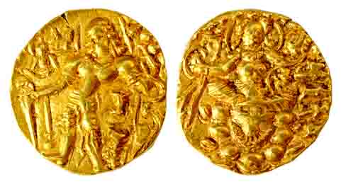 Chandragupta III, Gold,8.70 Dinar, Archer type, king standing to left holding an archer an