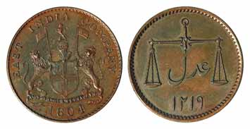 Copper, ½ Pice Proof, AD 1804, AH 1219, Arms on obv, scales with date on rev, plain edge (