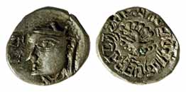 Maukharis, Shiladitya, Silver, Dramma, portrait of the ruler to left and numerals in his f