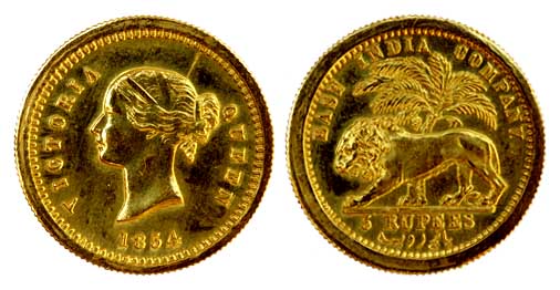 Victoria Queen, Gold, 3.99 g, 5 Rupees, Proof, 1854, Divided legend type. A minor crack at