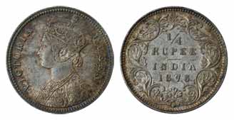Victoria Queen, Silver, ¼ Rupee, 1876. About Extremely Fine, Scarce.