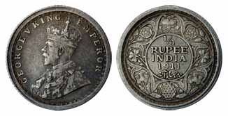 George V, Silver, ¼ Rupee, 1911, Calcutta Mint. The so-called Pig issues. About Very Fine,