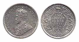 George V, Silver, 2 Annas (1/8 Rupee), 1911, Calcutta Mint. The so-called Pig issues. A sm