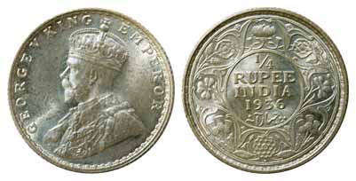 George V, Silver (2), ¼ Rupee, 1925 &amp; 1936, Bombay Mint (KM 518). MS 62. Scarce. 2 coi
