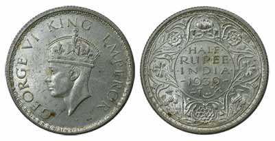 George VI, Silver, ½ Rupee, 1939, Calcutta Mint. AU58, Scarce in this condition.