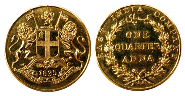 East India Company – Universal Issues, Gold OMS, Restrike Proof, 11.87 g, ¼ Anna, Restrike