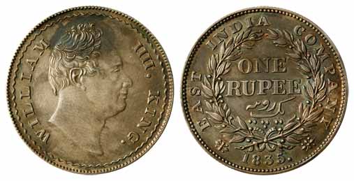 East India Company – Universal Issues, William IV, Silver, Proof Rupee, 1835, Mule with th