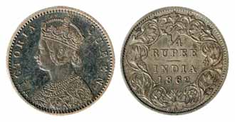 East India Company – Universal Issues, Victoria Queen, Silver, ¼ Rupee, Proof Mule, 1862, 