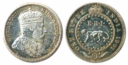 British India, Edward VII, Pattern Rupee, 1901, Mule, obv portrait of Edward VII with Crow