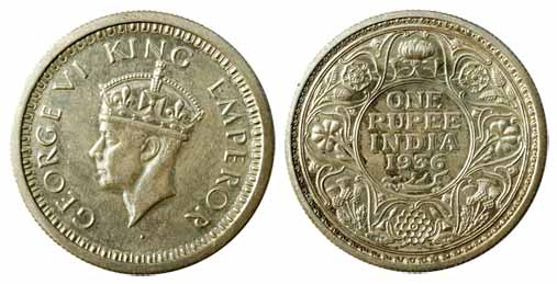 British India, George VI, Silver, Rupee, 1936, Restrike Proof, Mule, Calcutta Mint. An unu