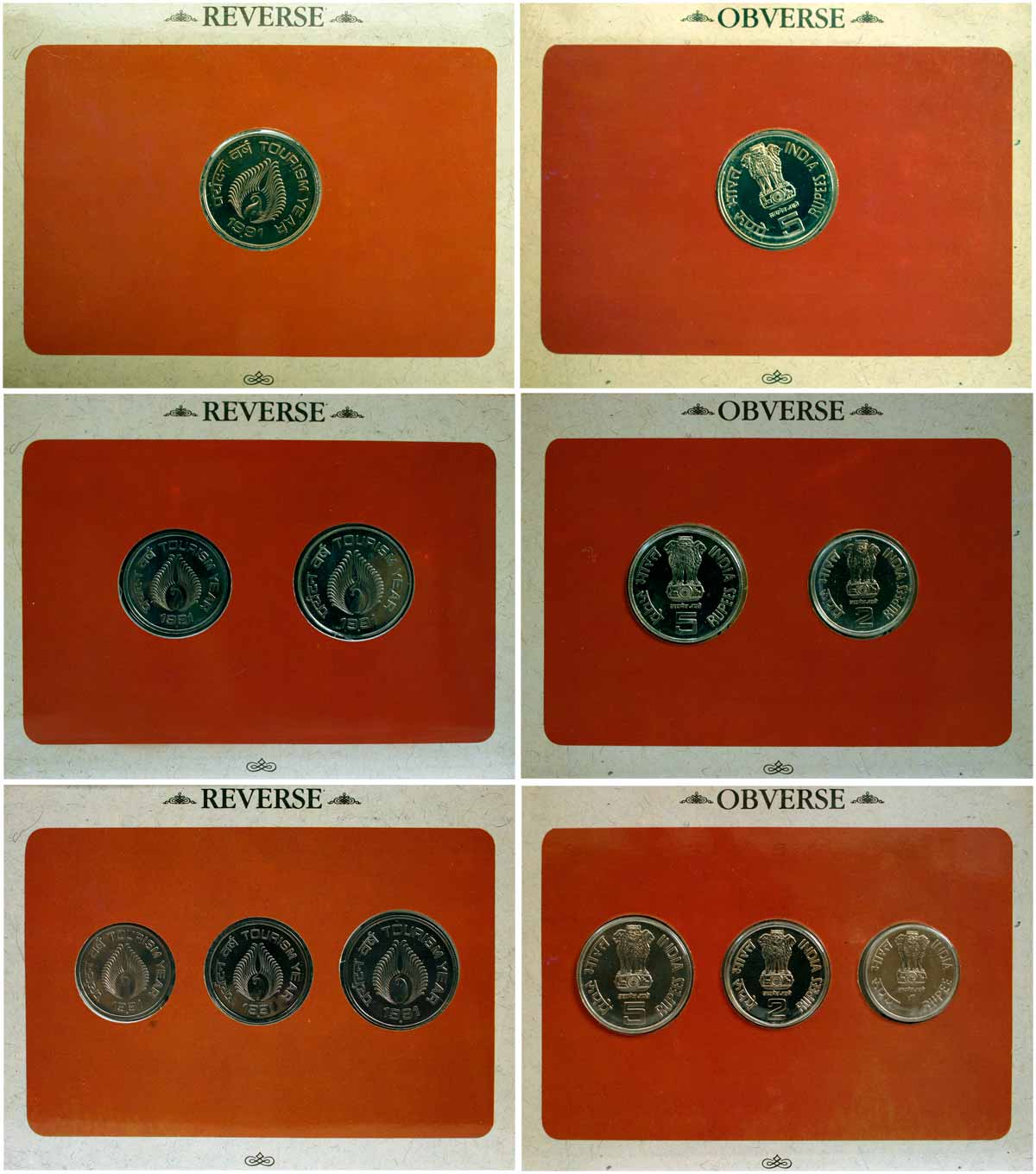 1991, UNC Sets (3) of India Tourism Year, 3 Coin, 2 Coin and 1 Coin Sets of Rs. 5 &amp; 2;