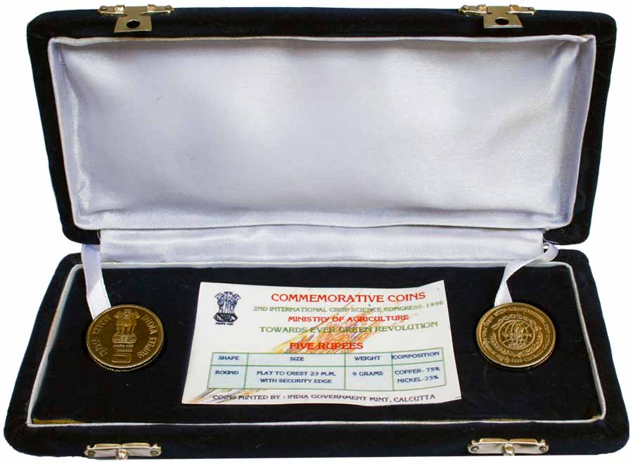 1996, UNC Set of 2nd International Crop Science Congress, set of 2 coins of Rs. 5 each Cal