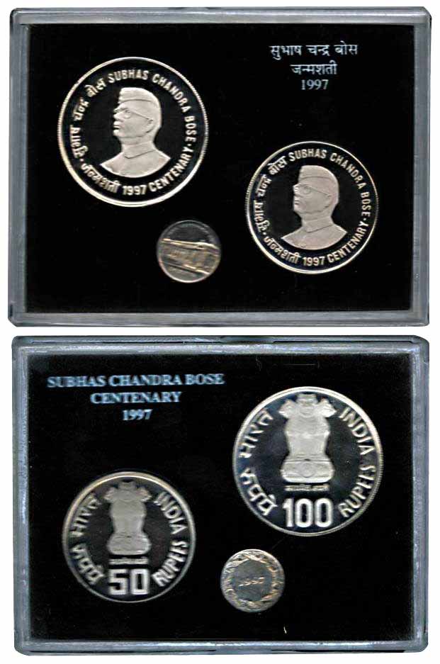 1997, Proof Set of Subhas Chandra Bose, Rs. 100 &amp; 50, Two coin set, Calcutta Mint (RB#
