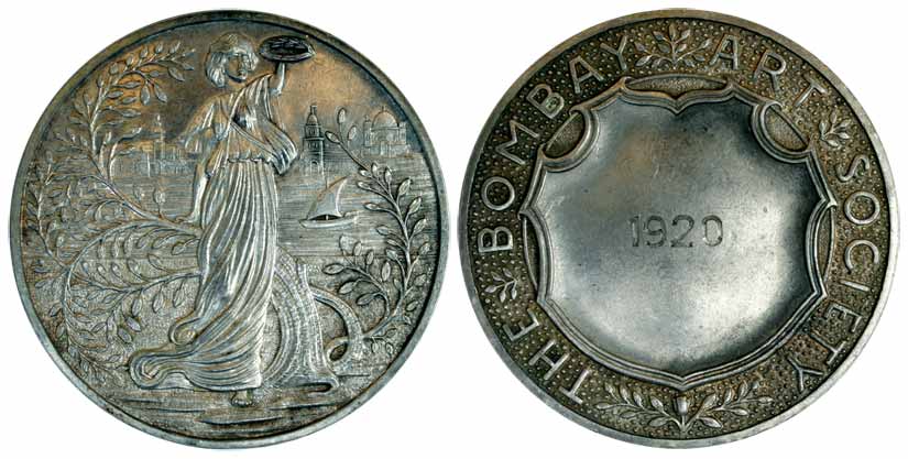 Bombay Art Society Medal, Silver, 56.69 g, a goddess standing to right holding a wreath ag
