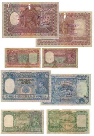 Reserve Bank of India – Burma notes - George VI, Rs .5, Rs. 10, Rs. 100 &amp; Rs. 1000, Se